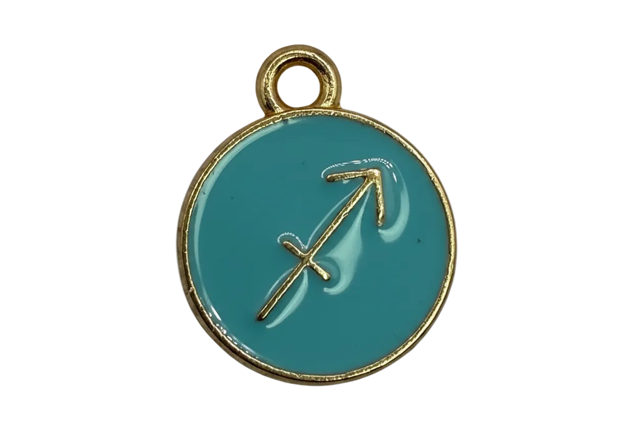 Turquoise enamel round Sagittarius zodiac disc with gold outline and arrow symbol