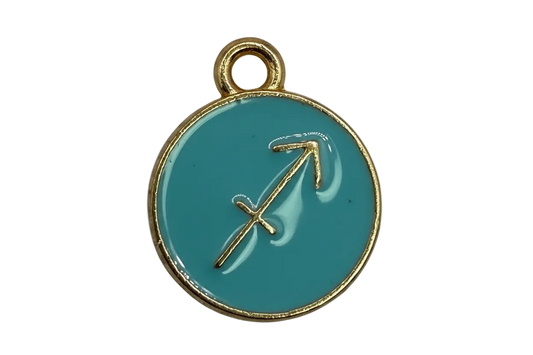 Turquoise enamel round Sagittarius zodiac disc with gold outline and arrow symbol