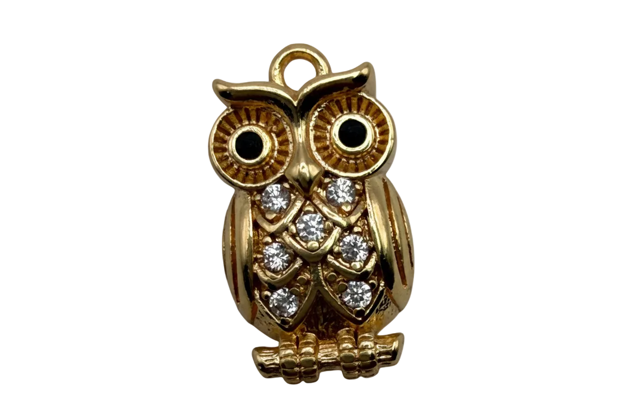 Gold owl charm with clear pavé crystals and round eyes