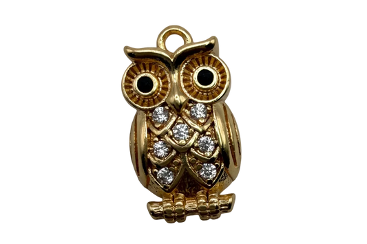 Gold owl charm with clear pavé crystals and round eyes