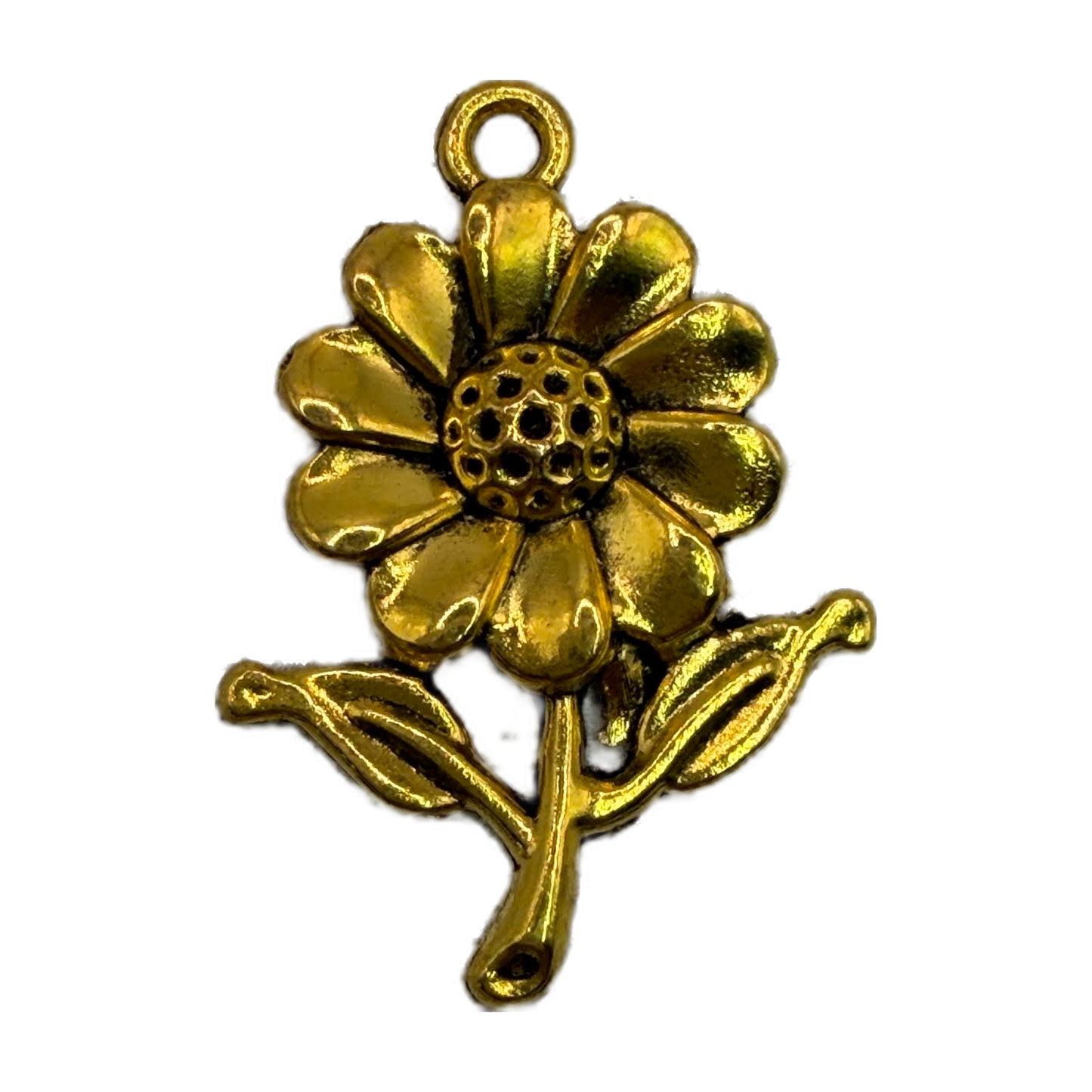 Gold daisy flower stem with leaves, glossy sculpted metal