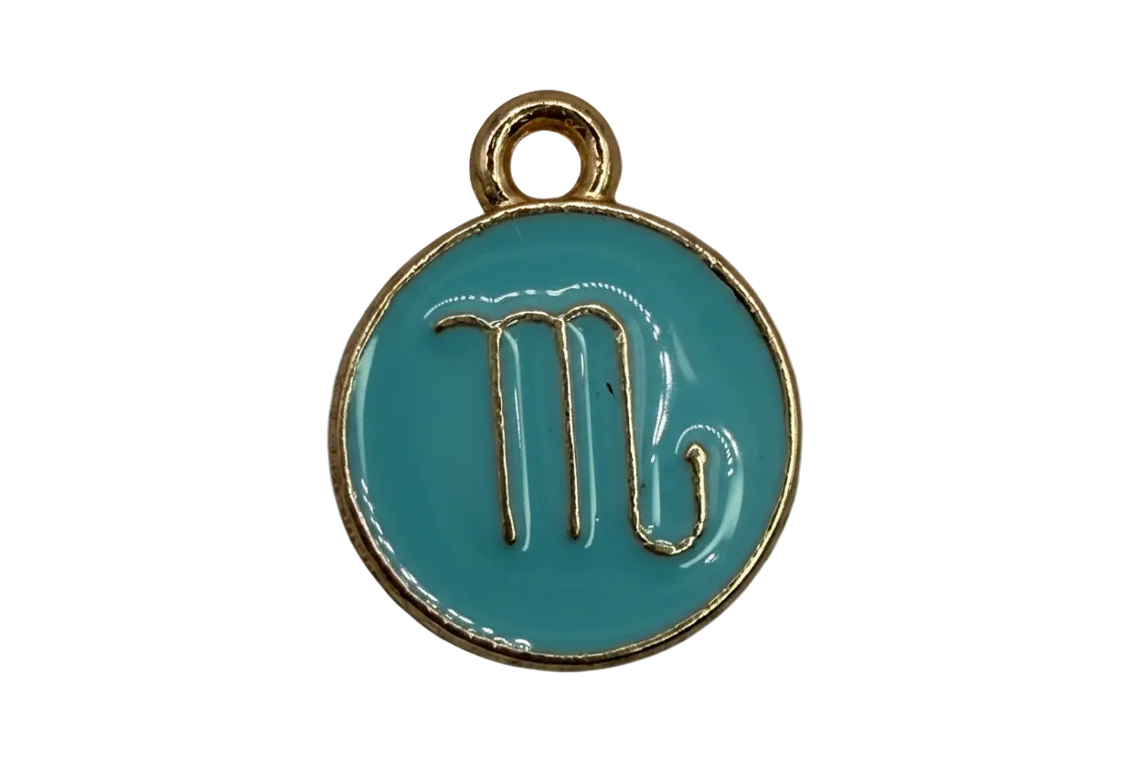 Glossy teal enamel round medallion with raised gold abstract symbol and gold rim