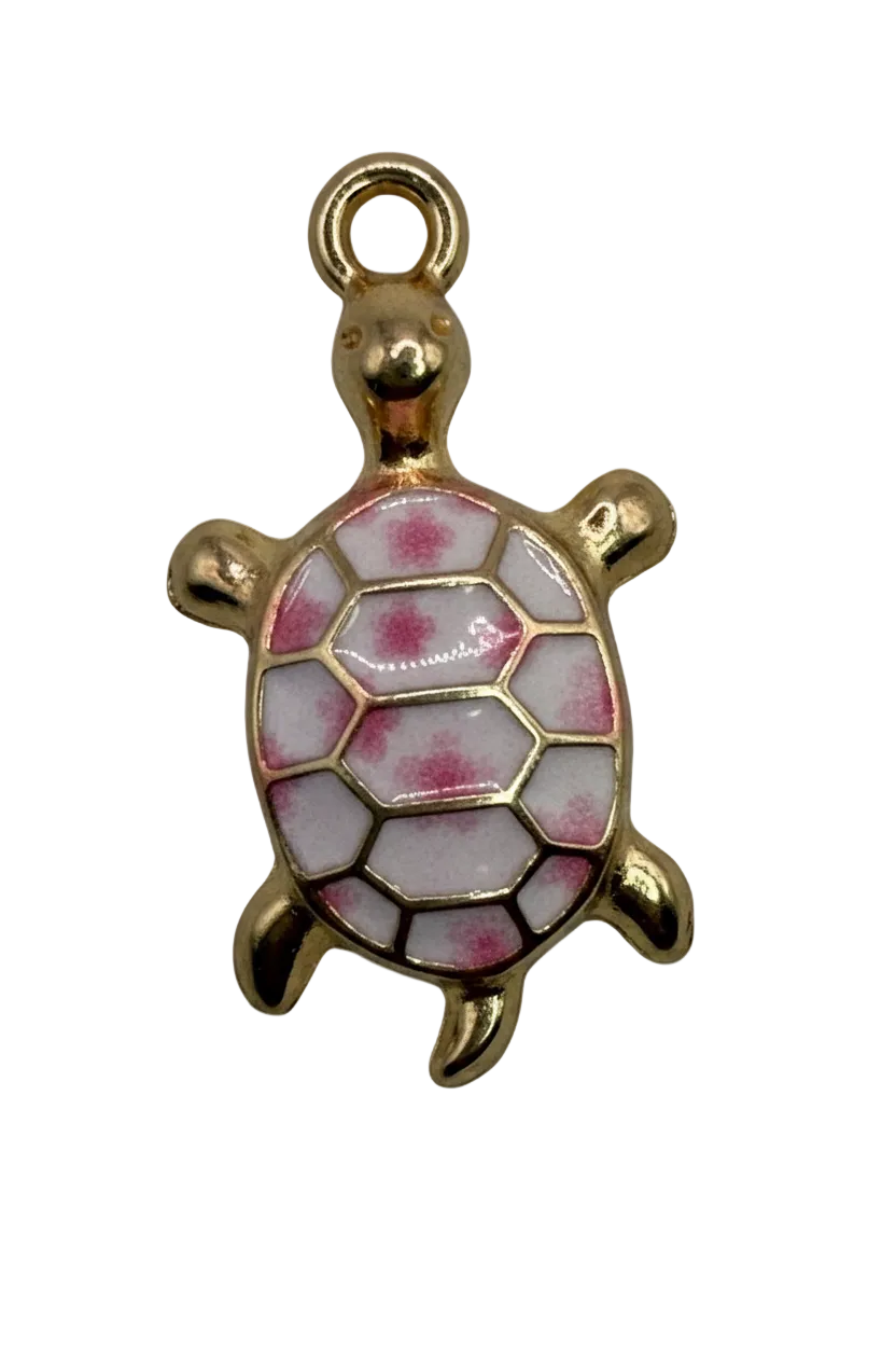 Gold turtle charm with pale lilac enamel shell and pink speckled details