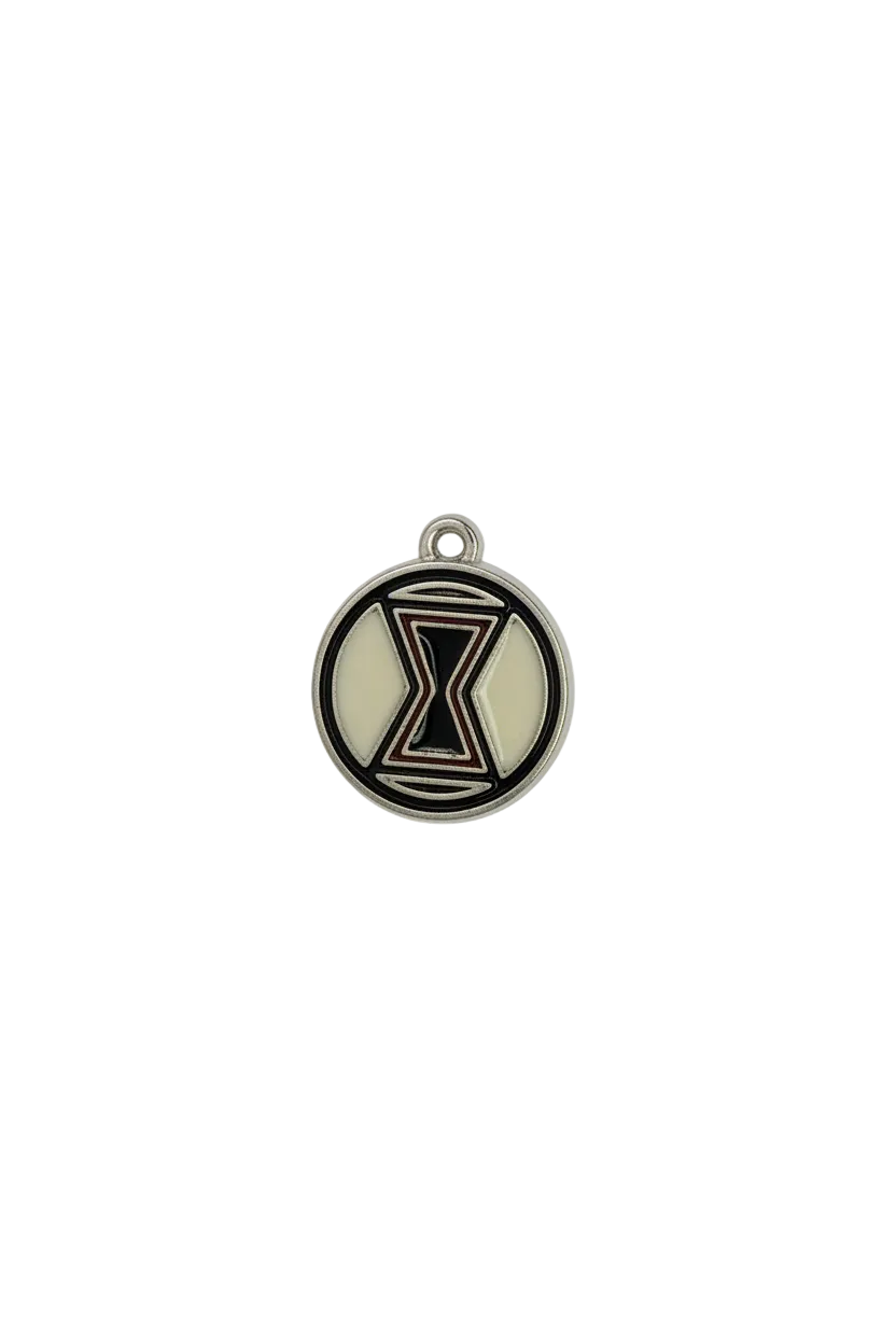 Silver-tone round enamel hourglass medallion in black, ivory, and red