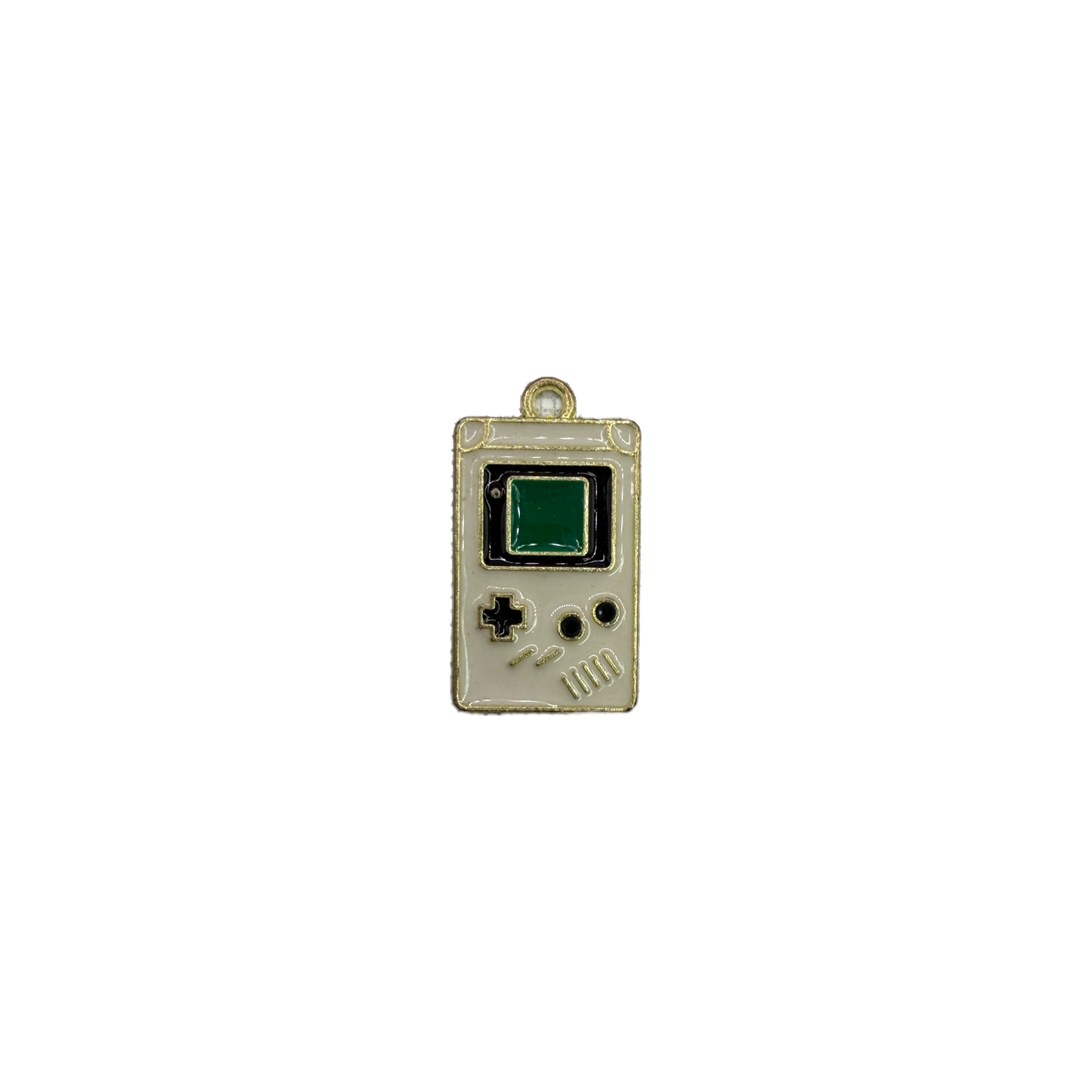 Enamel handheld game console with green screen and gold outline