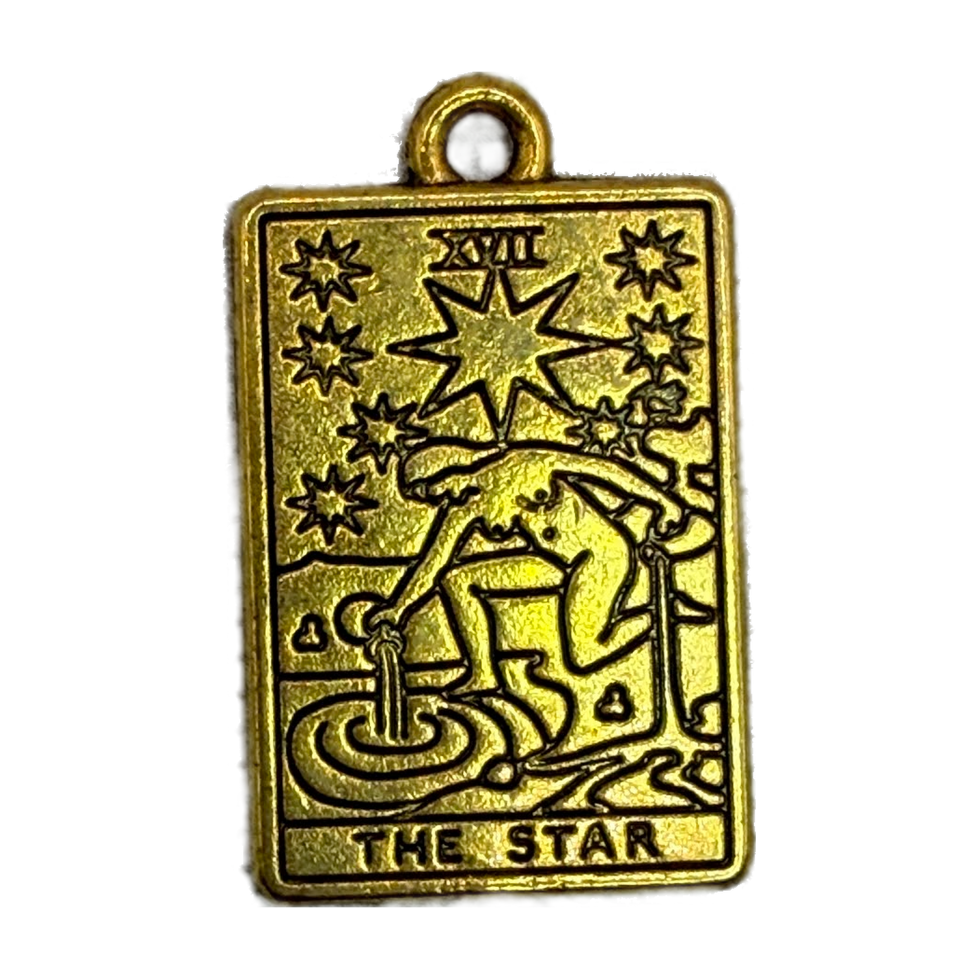 Rectangular gold tarot card charm with “THE STAR” text and celestial starburst engraving