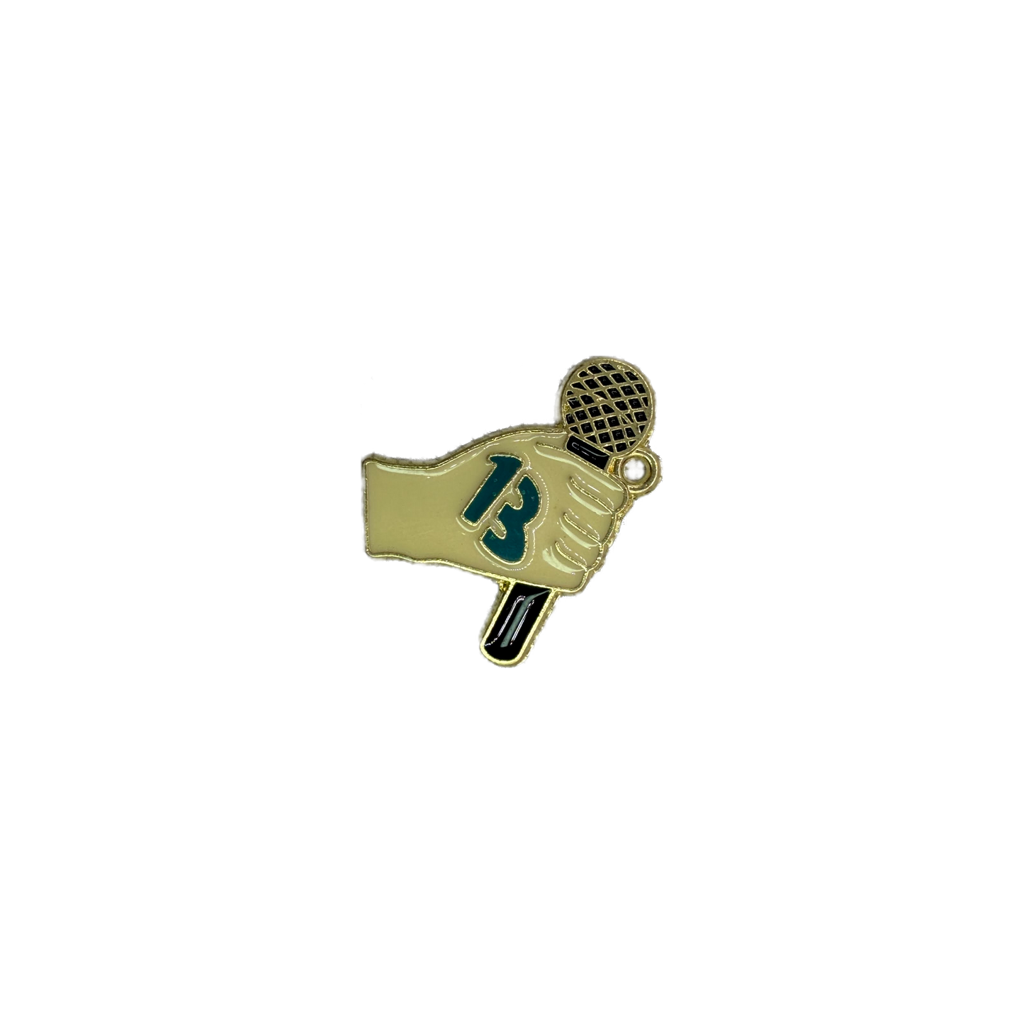 Enamel gloved hand holding tennis racket with white gem, gold outline