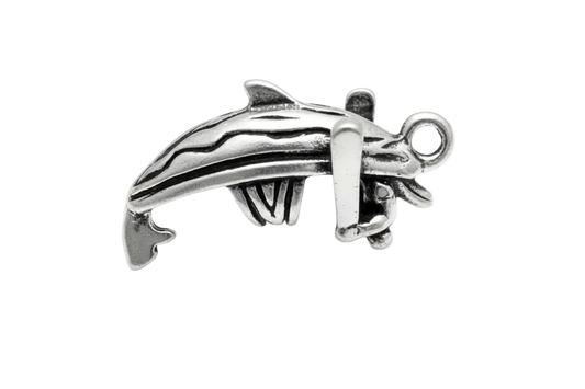 Polished silver dolphin charm with sculpted ridges and antiqued details