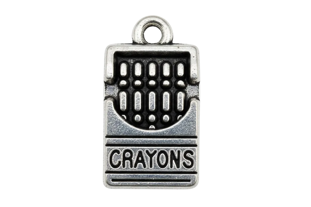 Silver-tone rectangular crayon box pendant with engraved “CRAYONS” and black oxidized details
