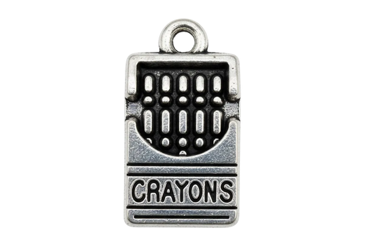 Silver-tone rectangular crayon box pendant with engraved “CRAYONS” and black oxidized details