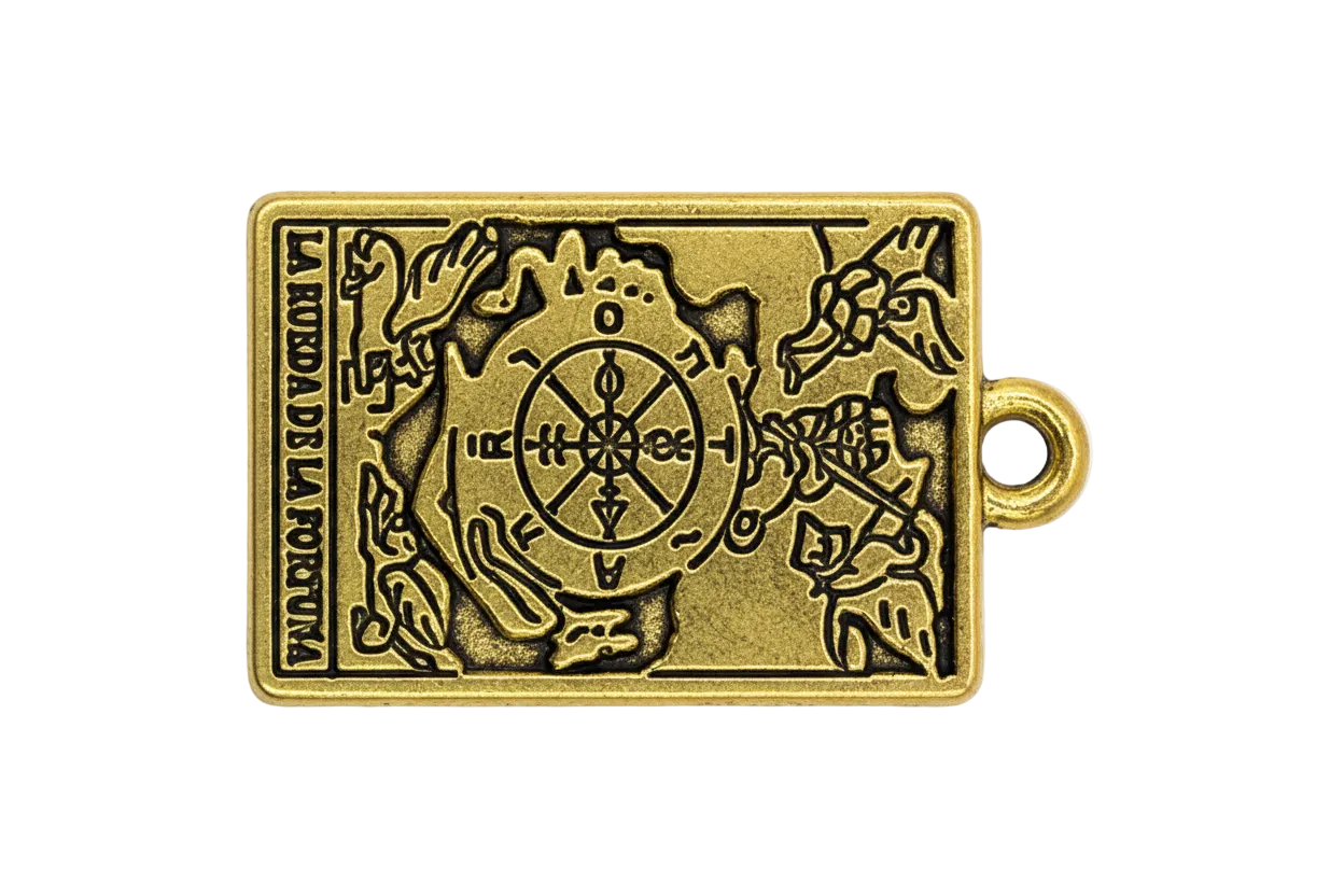 Antique-style gold rectangular plaque charm with engraved compass and map detailing