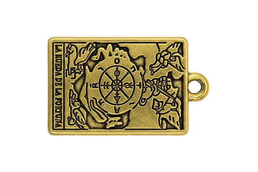Antique-style gold rectangular plaque charm with engraved compass and map detailing