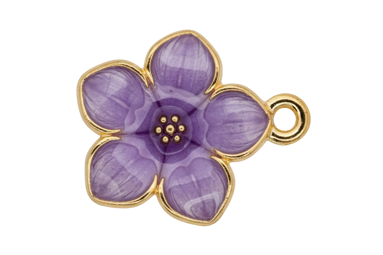 Marbled lilac five-petal flower with glossy enamel and gold outline