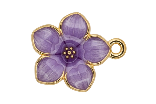 Marbled lilac five-petal flower with glossy enamel and gold outline
