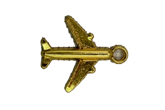 Gold airplane charm with a small clear gem accent at the nose