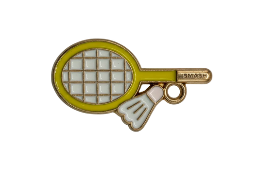 Gold badminton racket with yellow rim, gray grid, and white shuttlecock accent on black background