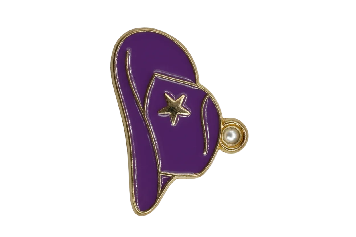 Purple enamel cowboy hat with gold outline, star detail, and small clear gem accent