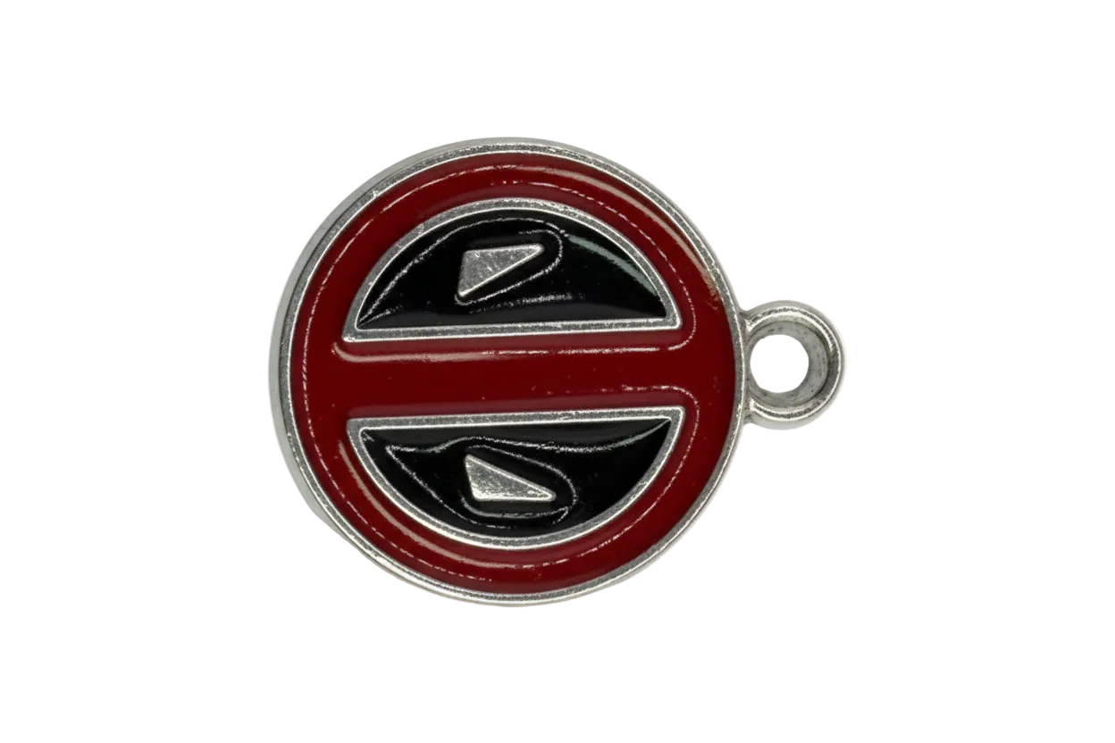 Round red and black enamel steering wheel disc with silver outline