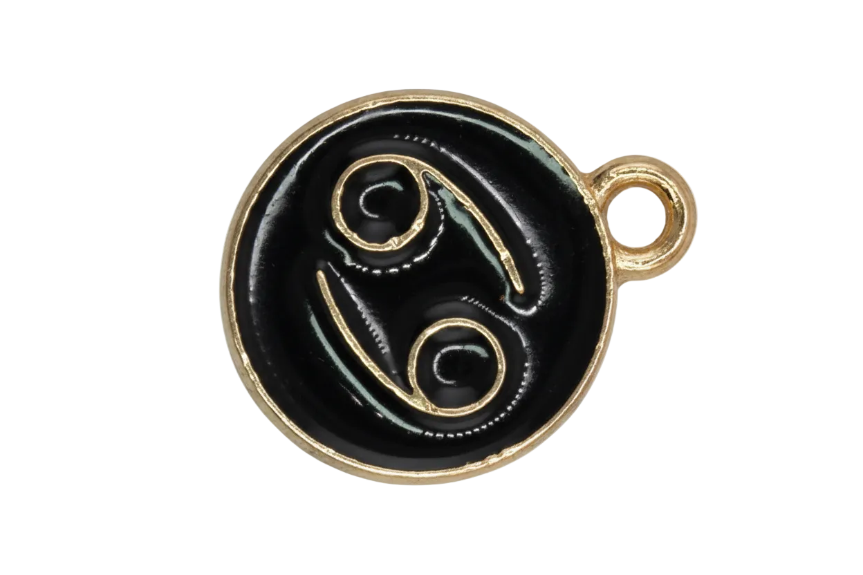 Black enamel Cancer zodiac disc with gold outline and small white gem accent