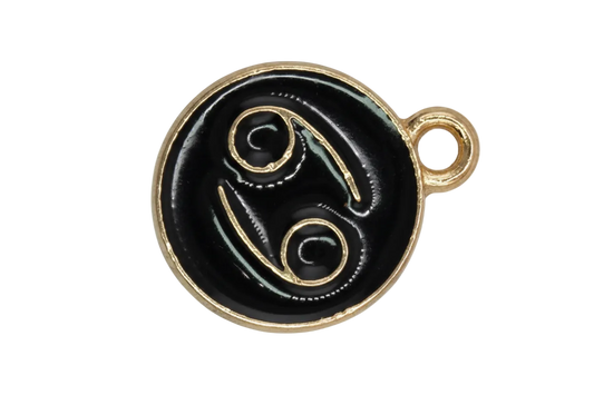 Black enamel Cancer zodiac disc with gold outline and small white gem accent