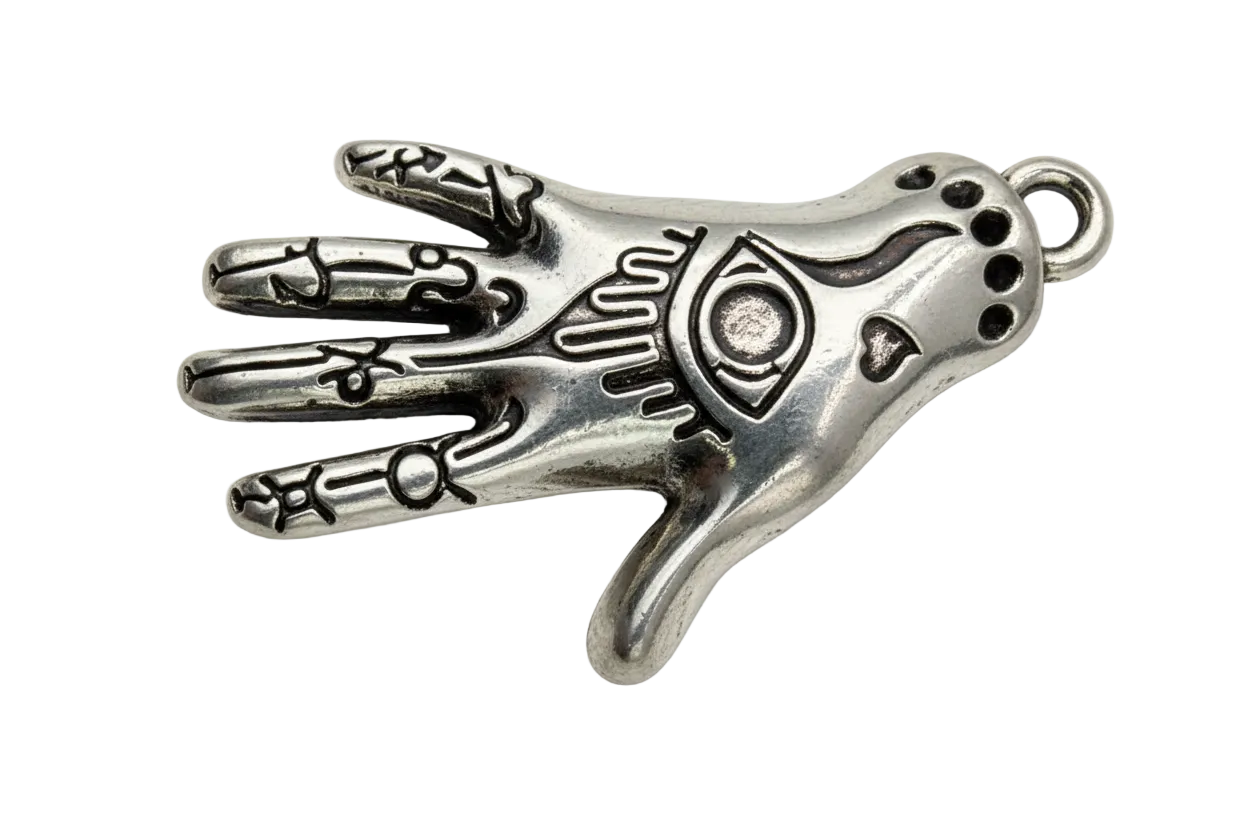 Polished silver hamsa hand with engraved eye motif and oxidized black detailing