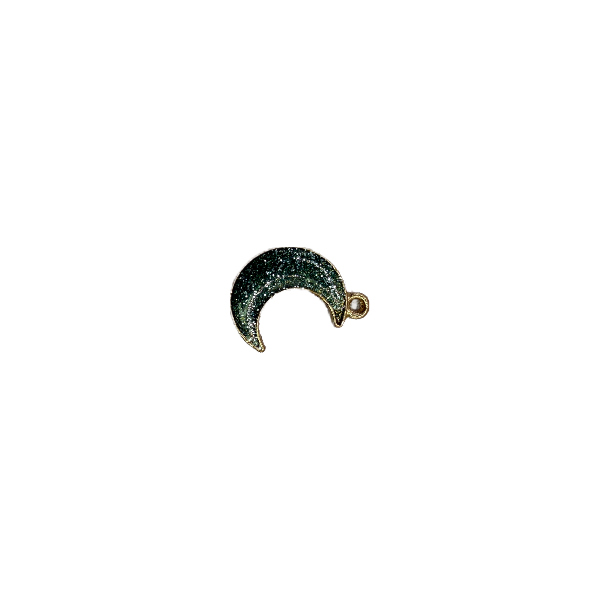Gold crescent moon with green glitter enamel and clear gem