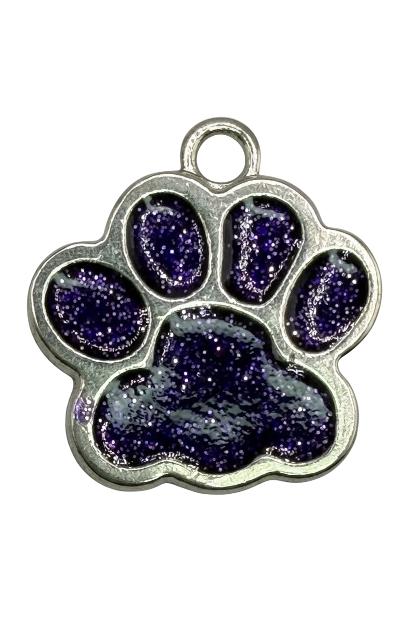 Silver paw print charm with deep purple glitter enamel