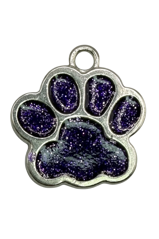Silver paw print charm with deep purple glitter enamel