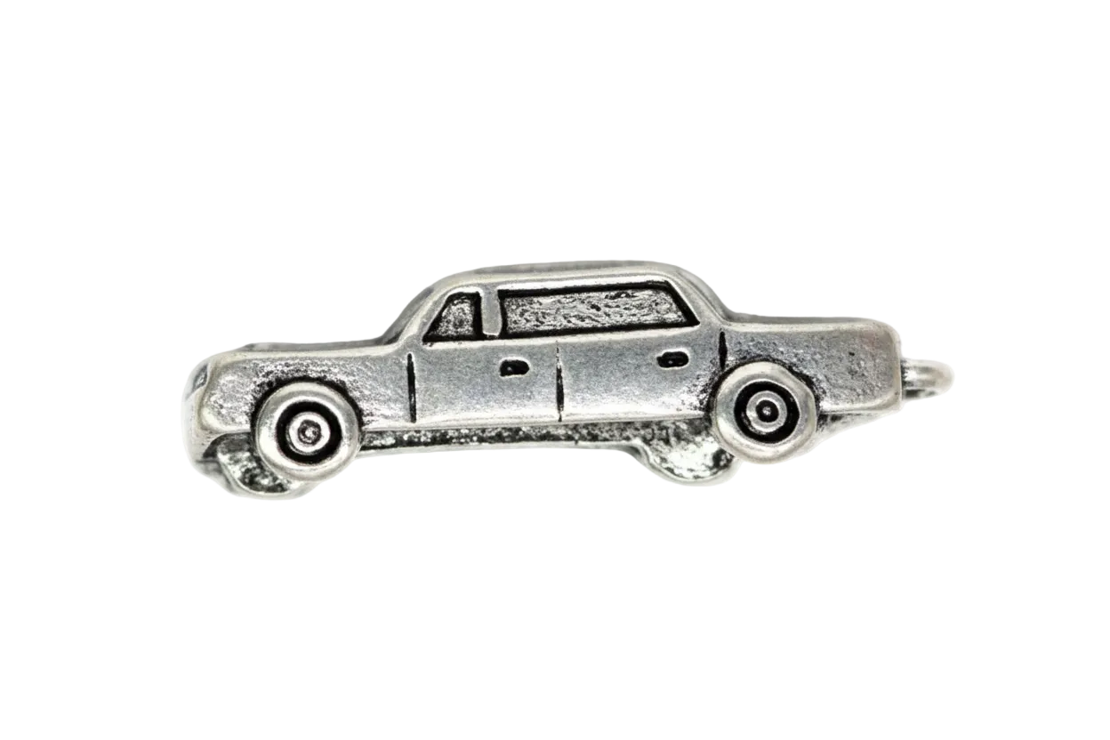Silver-tone upside-down car charm with engraved wheels and underside details