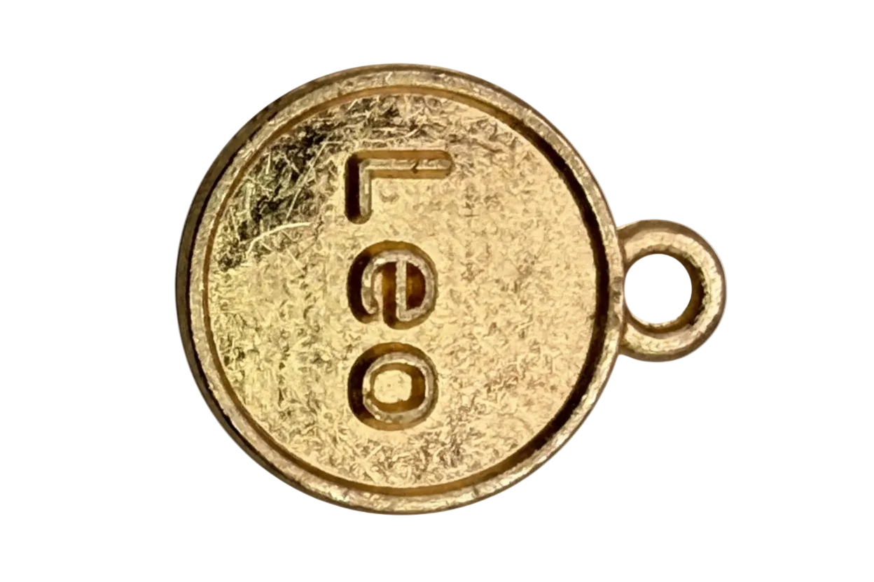 Gold round coin charm with embossed Leo lettering and textured antique-style finish