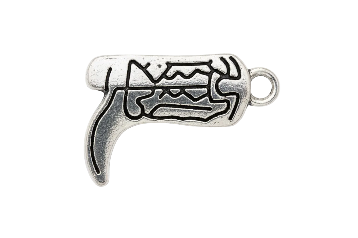 Antique silver pistol icon charm with dark engraved detailing