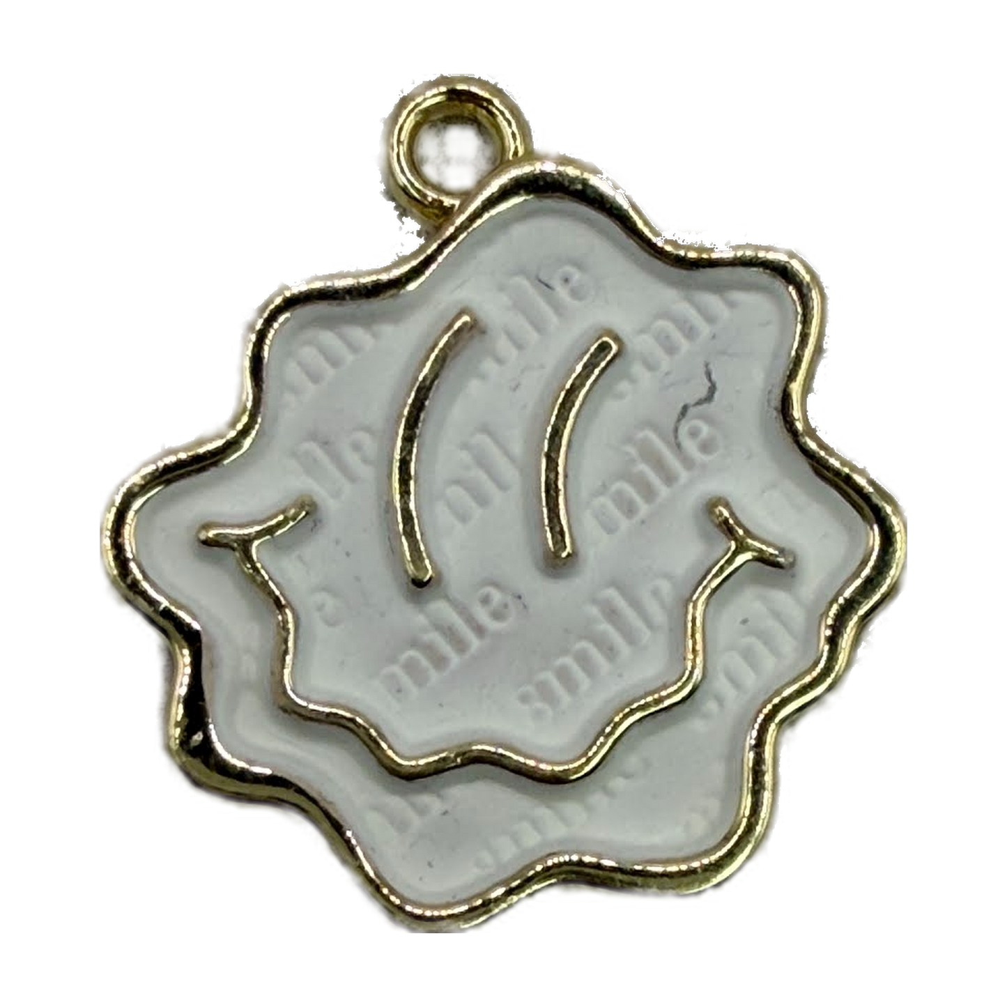 White enamel cloud face charm with polished gold outline and minimalist line details