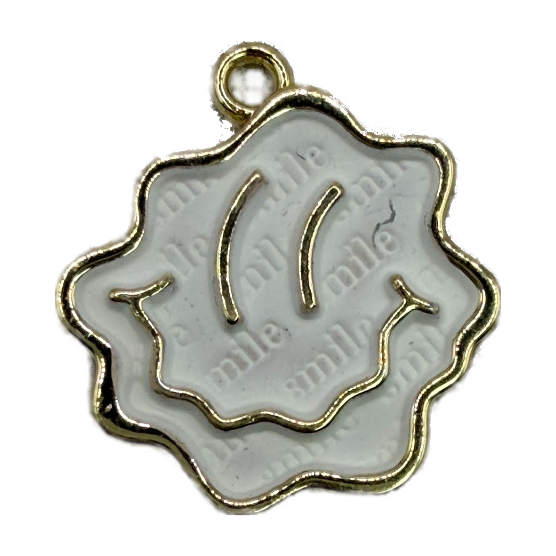 White enamel cloud face charm with polished gold outline and minimalist line details