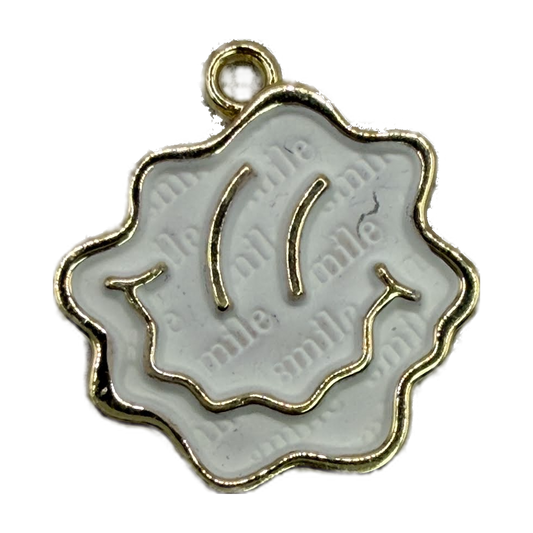 White enamel cloud face charm with polished gold outline and minimalist line details