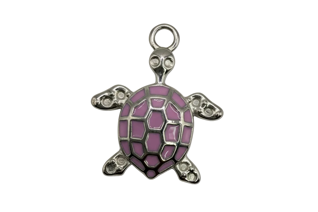 Silver sea turtle charm with glossy lavender enamel mosaic shell
