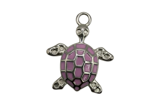 Silver sea turtle charm with glossy lavender enamel mosaic shell