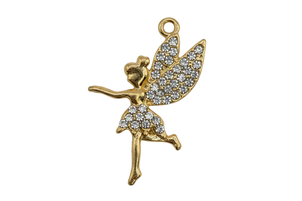 Gold fairy figure with clear crystal pavé wings and skirt