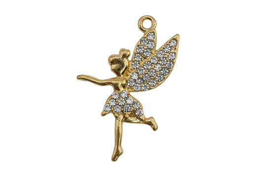 Gold fairy figure with clear crystal pavé wings and skirt