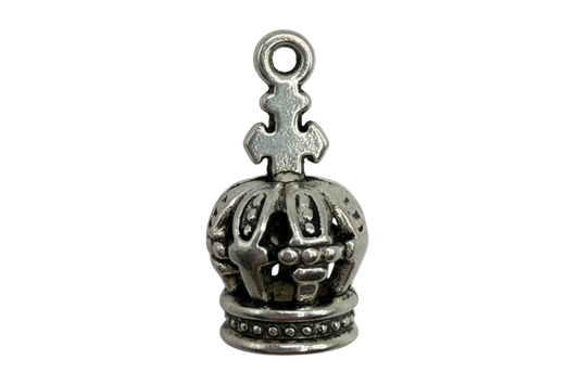 Antiqued silver crown pendant with ornate raised details and darkened recesses