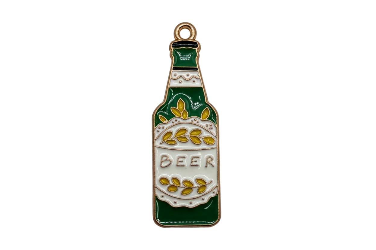 Gold-outlined green beer bottle charm with white label and yellow leaf accents