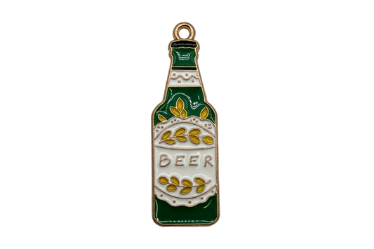 Gold-outlined green beer bottle charm with white label and yellow leaf accents