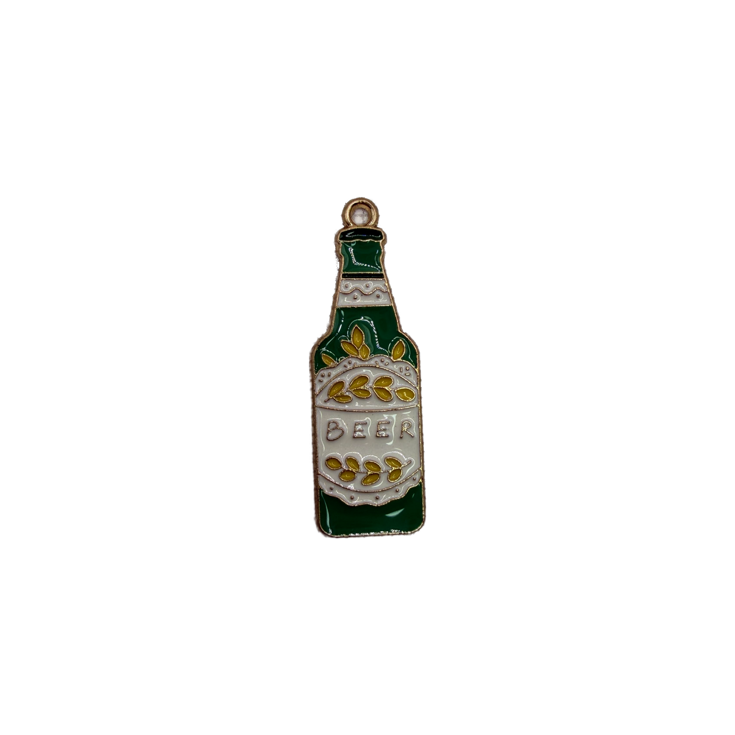 Green beer bottle charm with white label and gold outline