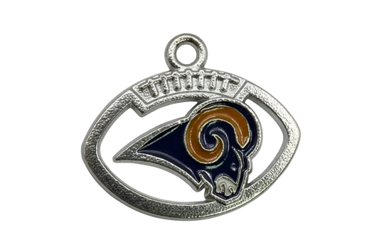 Silver oval emblem with navy ram head and gold enamel accents