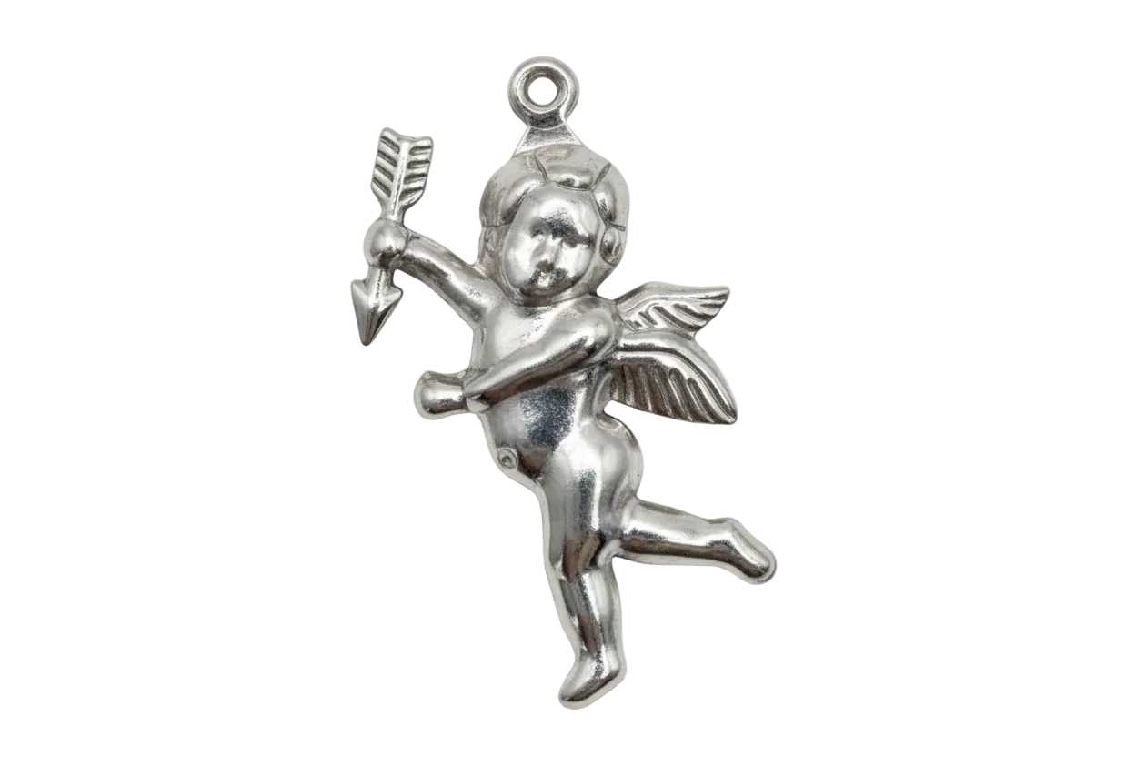 Polished silver winged cherub figure holding an arrow