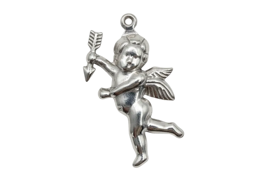 Polished silver winged cherub figure holding an arrow