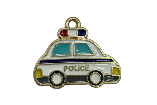 Gold police car charm with white enamel body, blue stripe, teal windows, and red-blue light bar