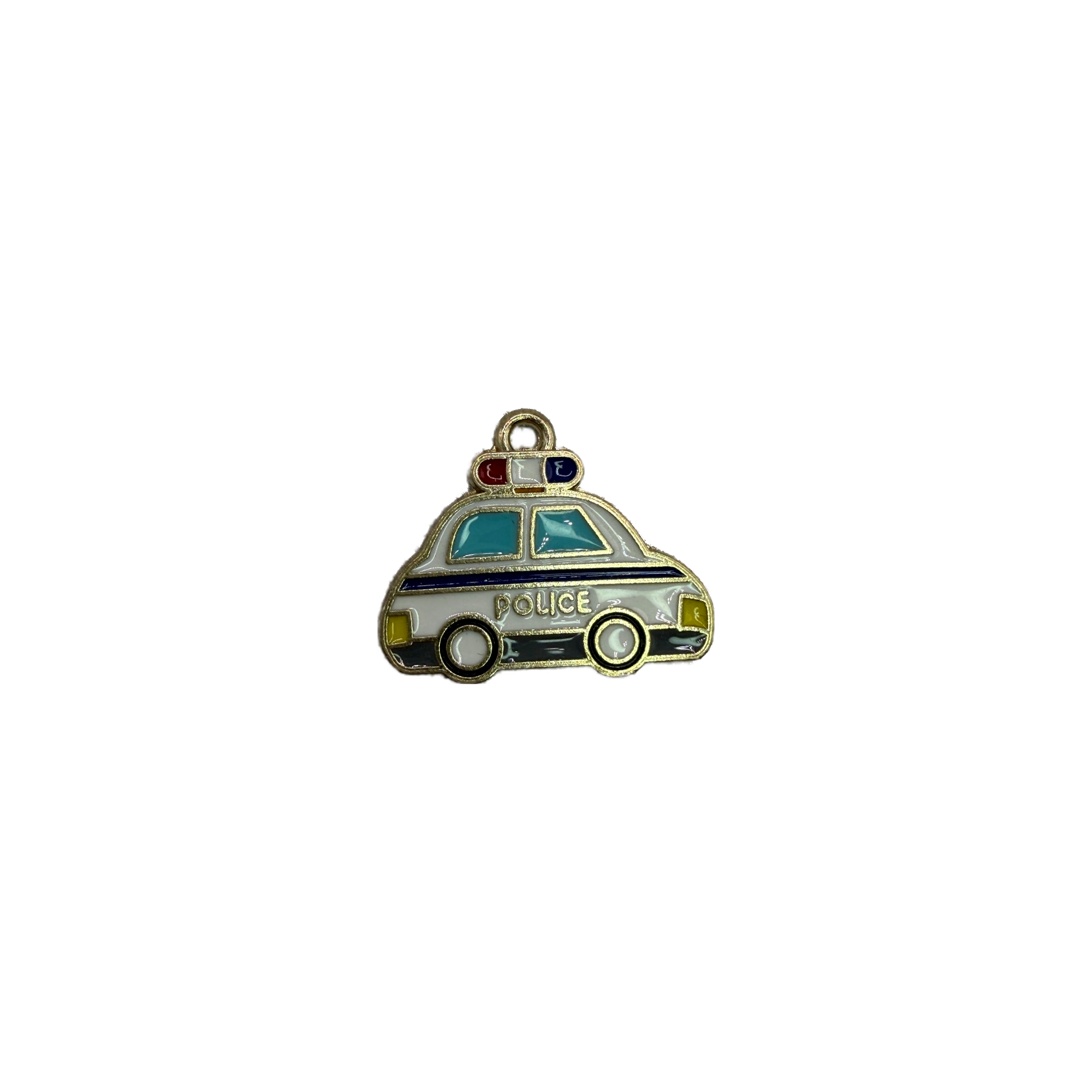 Gold police car with white enamel, blue stripe, and red-blue lights