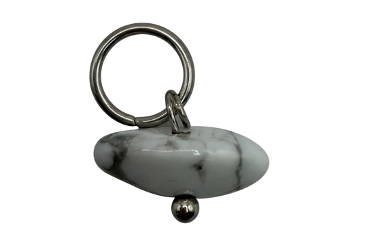 Marbled white padlock charm with black gothic lettering and polished silver finish