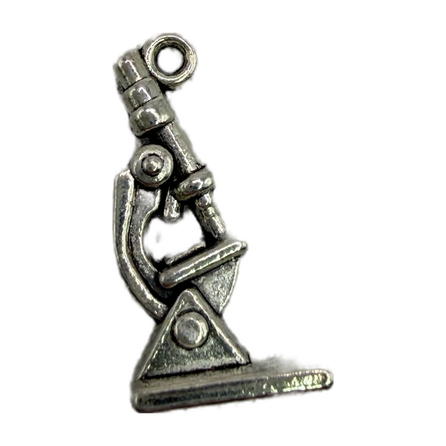 Vintage-style silver microscope with oxidized finish and detailed sculpted metal silhouette