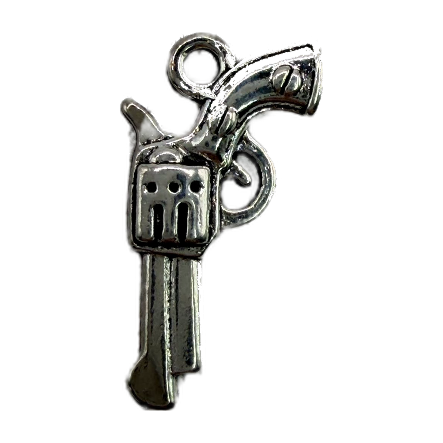 Antiqued silver revolver motif charm with polished highlights